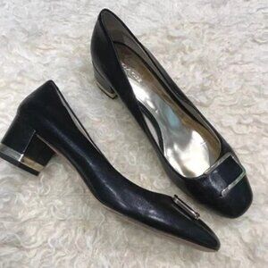 Coach Black Gold ISLA Leather Round Toe Pump 2” Rounded Chunky Heel ( Size 9 B )